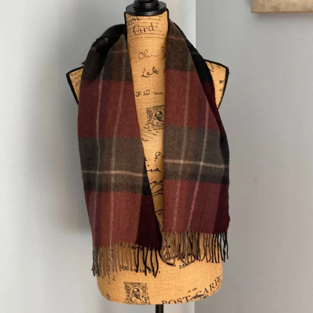 100% Cashmere Long Scarf Black Gray Maroon Plaid EUC